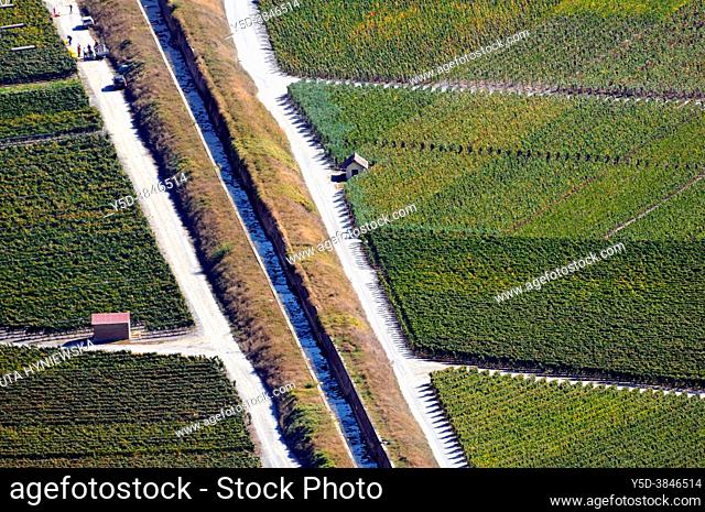 Harvest time in vineyards, view from above for vineyards and Bisse - irrigation ditch with water along the roadway, Bisses