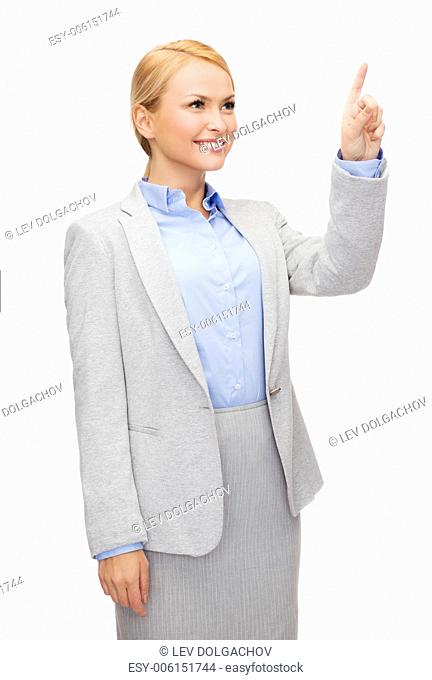business and future technology concept - young businesswoman working with virtual screen