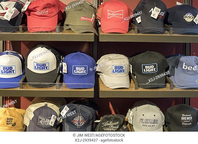 Fort Collins, Colordo - Caps on sale in the gift shop at the Anheuser-Busch brewery. It is one of 12 breweries the company operates across the United States