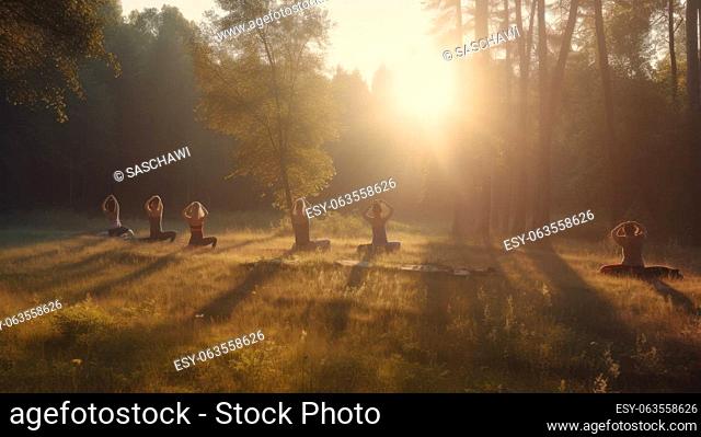 A group of young people are practicing yoga together in a peaceful clearing in a forest, with the sun setting in the background