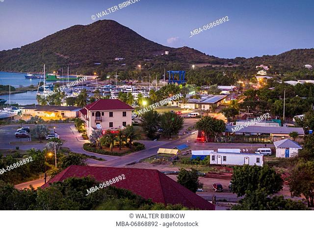 British Virgin Islands, Virgin Gorda, Spanish Town, elevated town view, dusk