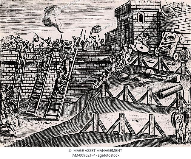 Roman soldiers attacking the walls of a fortress with scaling ladders, slings and spears, while the defenders are holding them off with nets, hot liquid