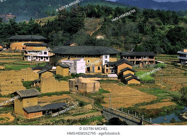 China, Fujian Province, Hukeng, a Tulou, building communal living structure designed to be easily defensible, made of brick, stone, or rammed earth