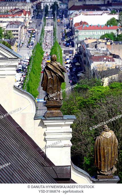View for main avenue in Czestochowa - Holy Virgin Mary Avenue from tower of Jasna Gora Basilica, Jasna Gora is the most famous Polish pilgrimage site -...