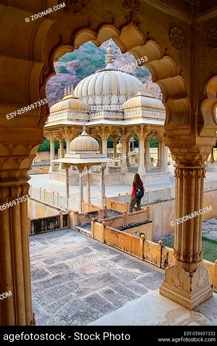 Framed view of Royal cenotaphs in Jaipur, Rajasthan, India. They were designated as the royal cremation grounds of the mighty Kachhawa dynasty