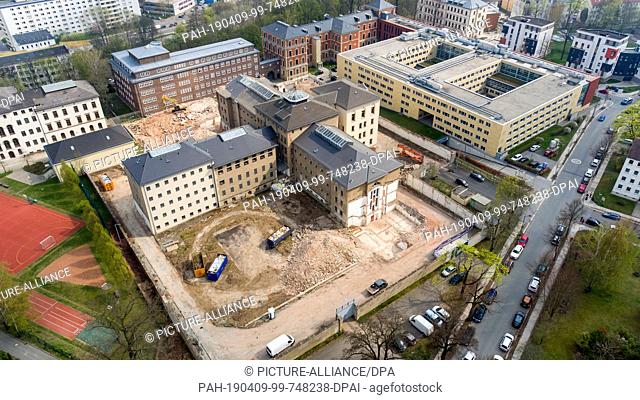 09 April 2019, Saxony, Chemnitz: The demolition work around the former Kaßberg prison is in full swing (recorded with a drone)