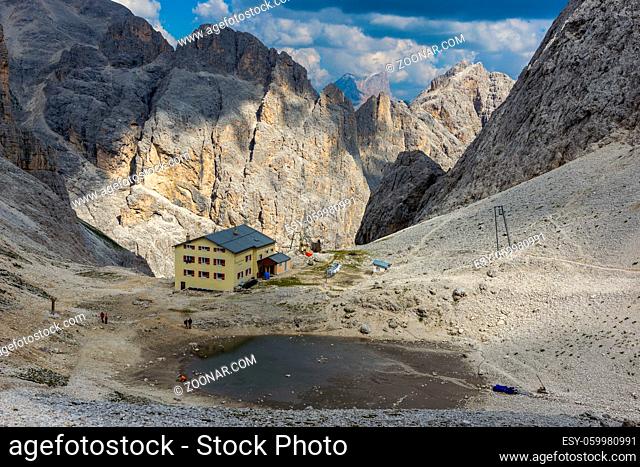 Mountain hut near Vajolet Towers, in the Rosergarten Group of Dolomites