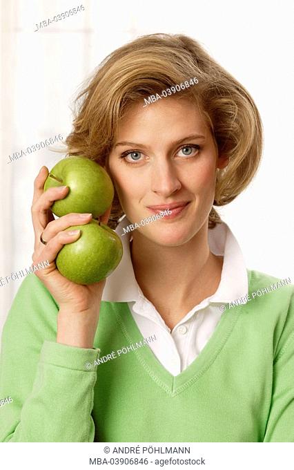 Woman, smiling, apples, holding, portrait