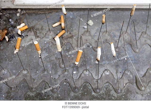 High angle view of cigarette butts inserted in sticks on water