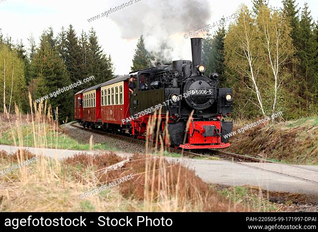 05 May 2022, Saxony-Anhalt, Benneckenstein: A special train of the Harzer Schmalspurbahn GmbH is pulled by the 99 5906 Mallet locomotive