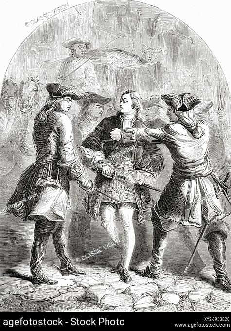 The arrest of the Young Pretender in Paris, France, 1748. Charles Edward Louis John Casimir Sylvester Severino Maria Stuart, 1720 â. “ 1788