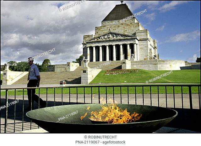 War memorial WWII with the peace flame in the foreground in Melbourne