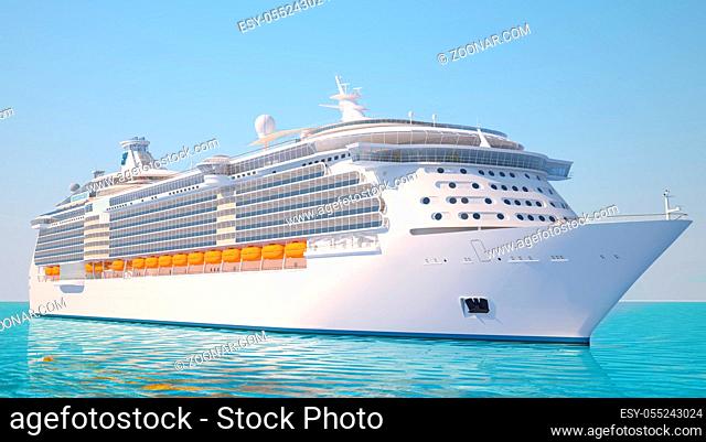 A very realistic view 3D illustration of a Cruise Ship, similar to the Freedom of the Sea ship. Sailing out at sea