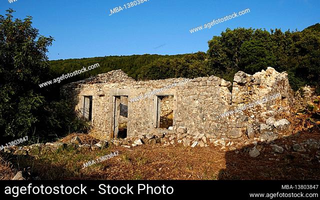 Ionian Islands, Ithaca, island of Odysseus, northwest, mountain village Exogi, ruins of a single standing stone house, behind it forest, blue sky