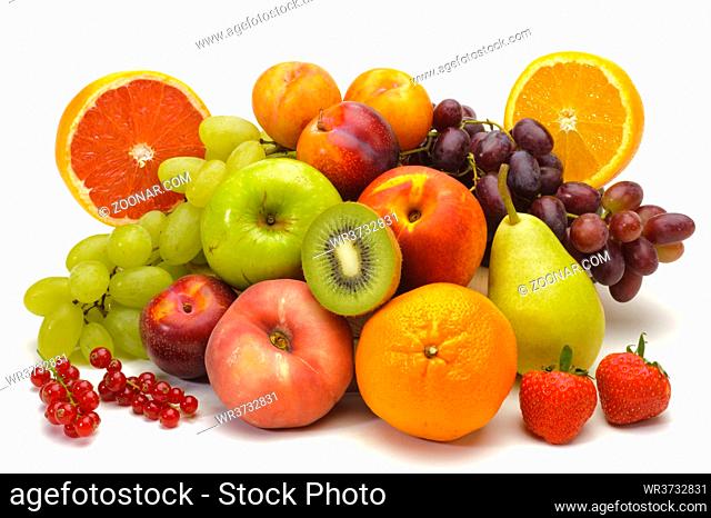 arrangement of fresh fruits from market and isolated over white background