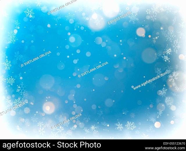 Christmas blue blurred bokeh light background. Holiday defocused glowing backdrop with blinking stars. EPS 10 vector file