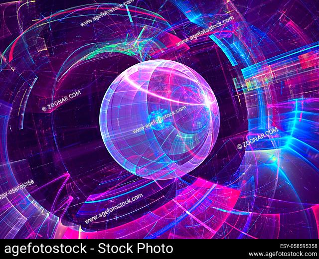 Blue and purple technology background. Abstract computer-generated 3d illustration - fractal. Digital art: neon glowing lines and curves like futuristic tunnel...