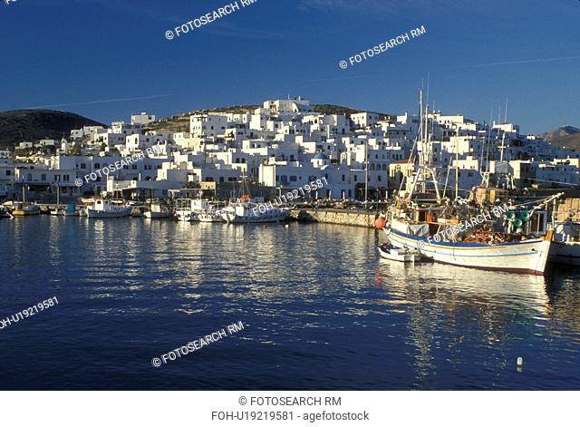 fishing boats, Paros, Greece, Greek Islands, Naoussa, Cyclades, Europe, Fishing boats docked in Naoussa Harbor on Paros Island on the Aegean Sea