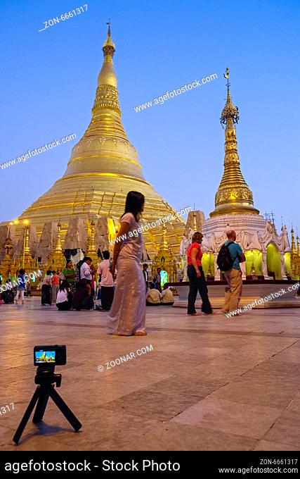 Camera on tripod at Shwedagon Pagoda, Yangon, Myanmar