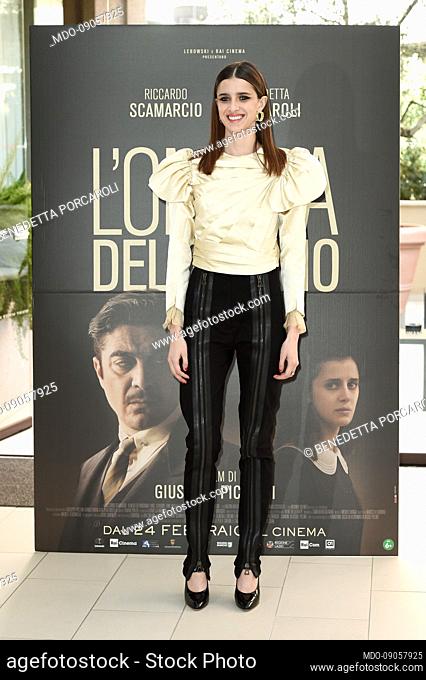 Italian actress Benedetta Porcaroli, in Gucci clothes, during the photocall for the presentation of the film L'ombra del giorno