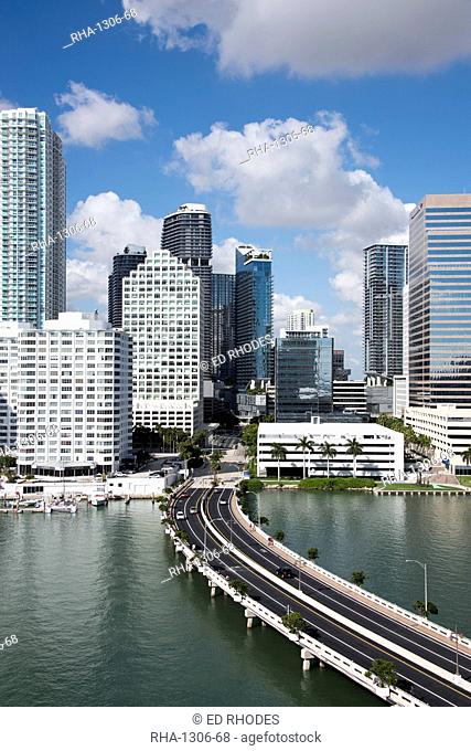 Bridge leading to Brickell Key and Downtown Miami skyline, Florida, United States of America, North America