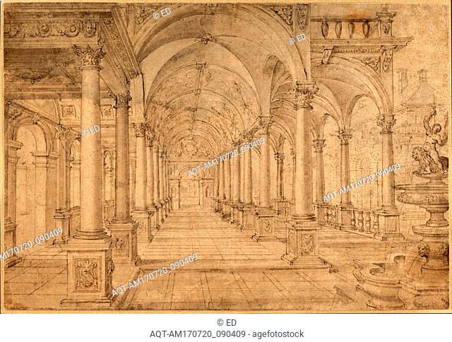 Drawings and Prints, Drawing Ornament & Architecture, Architectural Capriccio with an Arcade and Fountain in Point Perspective [Study for a Painting of John the...