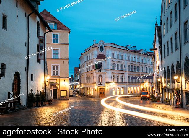 Tallinn, Estonia. Evening View Of Old Restaurant, Intersection Of Vene And Viru Streets In Night Illuminations