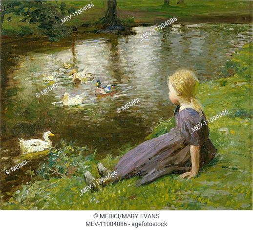 'Gretcha at the Duck Pond' – little girl sitting on grass looking at ducks in pond