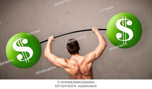 muscular man lifting green dollar sign weights