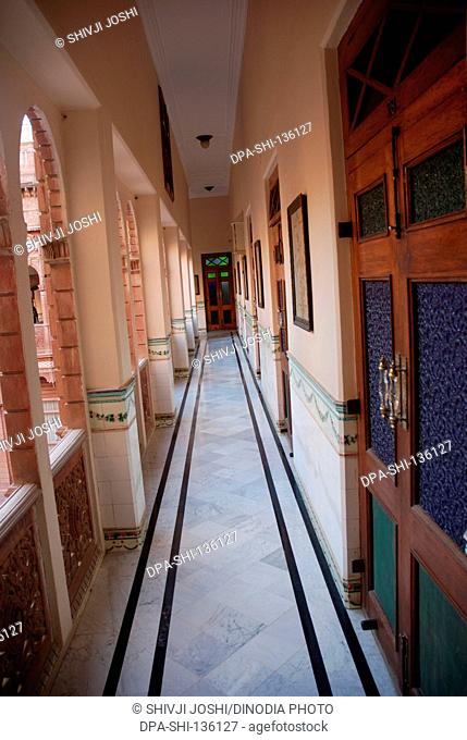 Narrow veranda  in Rampuria haveli now hotel Bhanwar Niwas ; Bikaner ; Rajasthan ; India