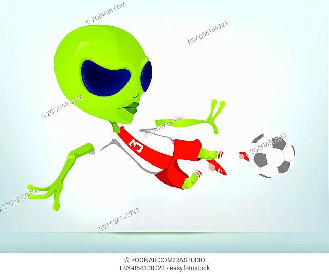 Cartoon Character Funny Alien Isolated on Grey Gradient Background. Soccer. Vector EPS 10