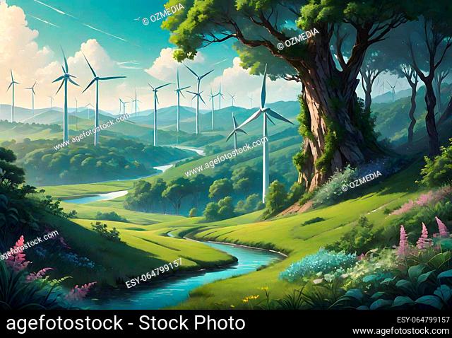 Painting of wind turbines, generated by AI