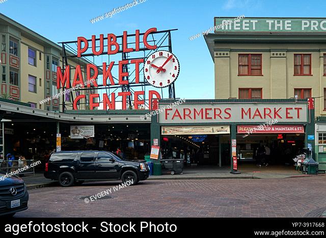 Famous red sign of Pike Place Public market in Seattle, Washington