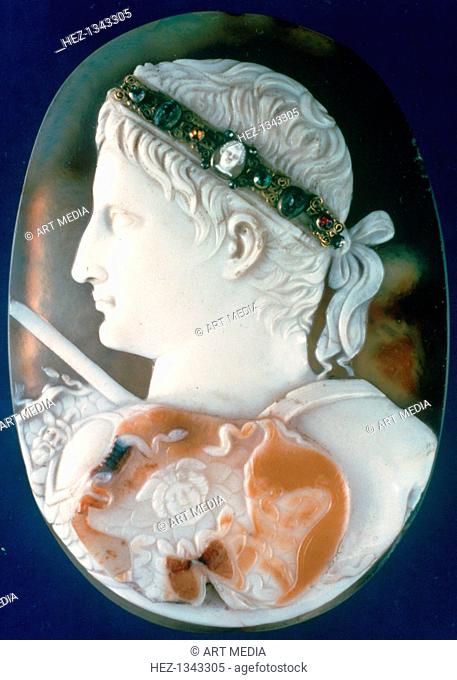 Cameo of the Emperor Augustus. This cameo was carved from a three-layered sardonyx. It is a fragment of a larger portrait of the first Roman emperor
