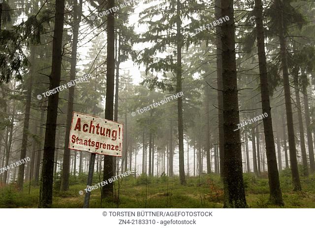 Austrian - Czech State Border in a Coniferous Forest near Sternwald Wind Farm. Austria