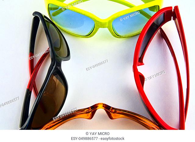 Set of various glasses. Stylish sunglasses for women and children. Eye glasses collection on white background