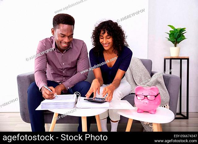 Young Couple Sitting On Sofa Calculating Invoices At Home