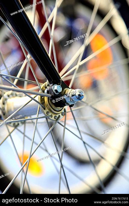 Close up detailed view of steering wheelsand rims of vintage bicycle