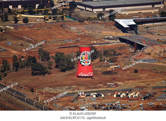 Aerial photograph of the painted cooling tower next to the FNB-Stadium, Johannesburg, Gauteng, South Africa