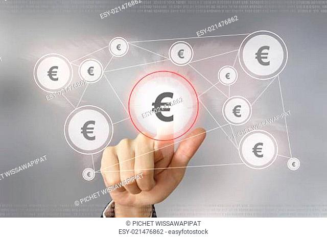 hand pushing euro currency button with global networking concept