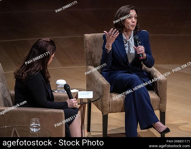 The United States Vice President Kamala Harris (R) participates, next to songwriter Gloria Estefan, in a moderated conversation focused on 'the Biden-Harris...
