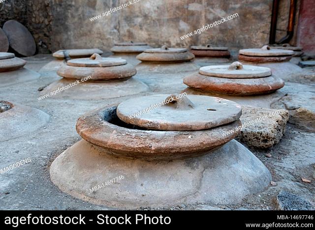 Boscoreale, Italy, Preserved ancient storage vessels in the Roman villa Regina, Southern Italy