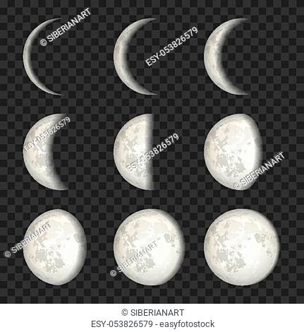 Vector lunar phase icon set. The whole cycle from new Moon to full Moon on transparent background