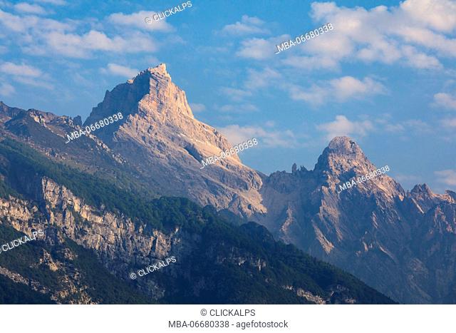 Monte Duranno and Cima dei Frati seen from Pinedo, Claut. Europe, Italy, Friuli Venezia Giulia, Pordenone