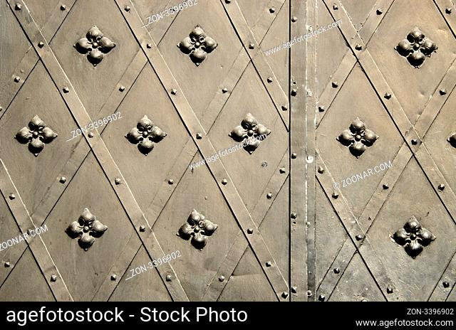 background of metal blacksmith handmade decorative doors . ancient architecture of castle gate backdrop