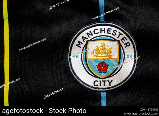 Calgary, Alberta, Canada. July 10, 2020. Manchester City close up to their jersey logo