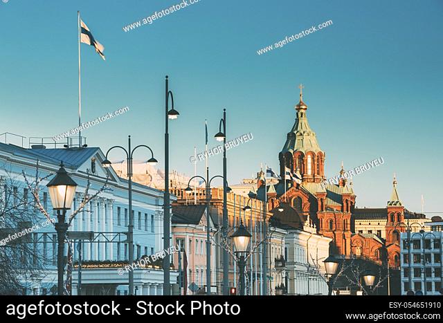 Helsinki, Finland. Uspenski Cathedral At Morning. Red Church Is Popular Tourist Destination In Finnish Capital. Eastern Orthodox Cathedral Dedicated To...