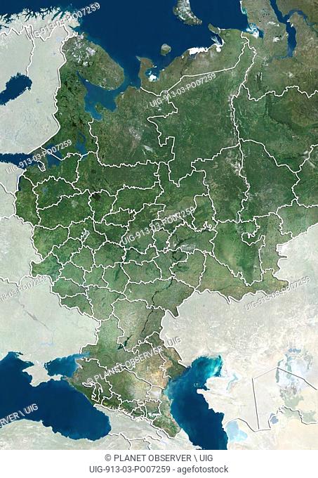 Satellite view of Central Russia (with administrative boundaries and mask). This image was compiled from data acquired by Landsat satellites