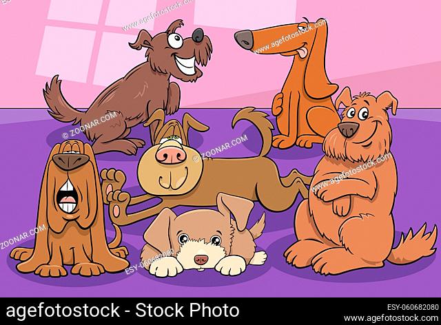 Cartoon illustration of funny dogs and puppies comic animal characters group