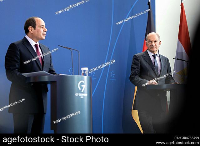 Abd al Fattah as-Sisi (L), President of the Arab Republic of Egypt and Olaf Scholz (SPD), Federal Chancellor (R) taken during a press conference after a joint...